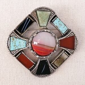 Vintage Miracle Agate Cross Brooch Pendant Scottish Celtic 1970s Silver Tone Pin